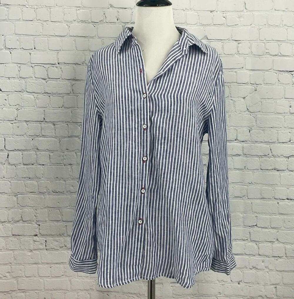 Sigrid Olsen Blue Striped 100% Linen Coastal Grandma sz S